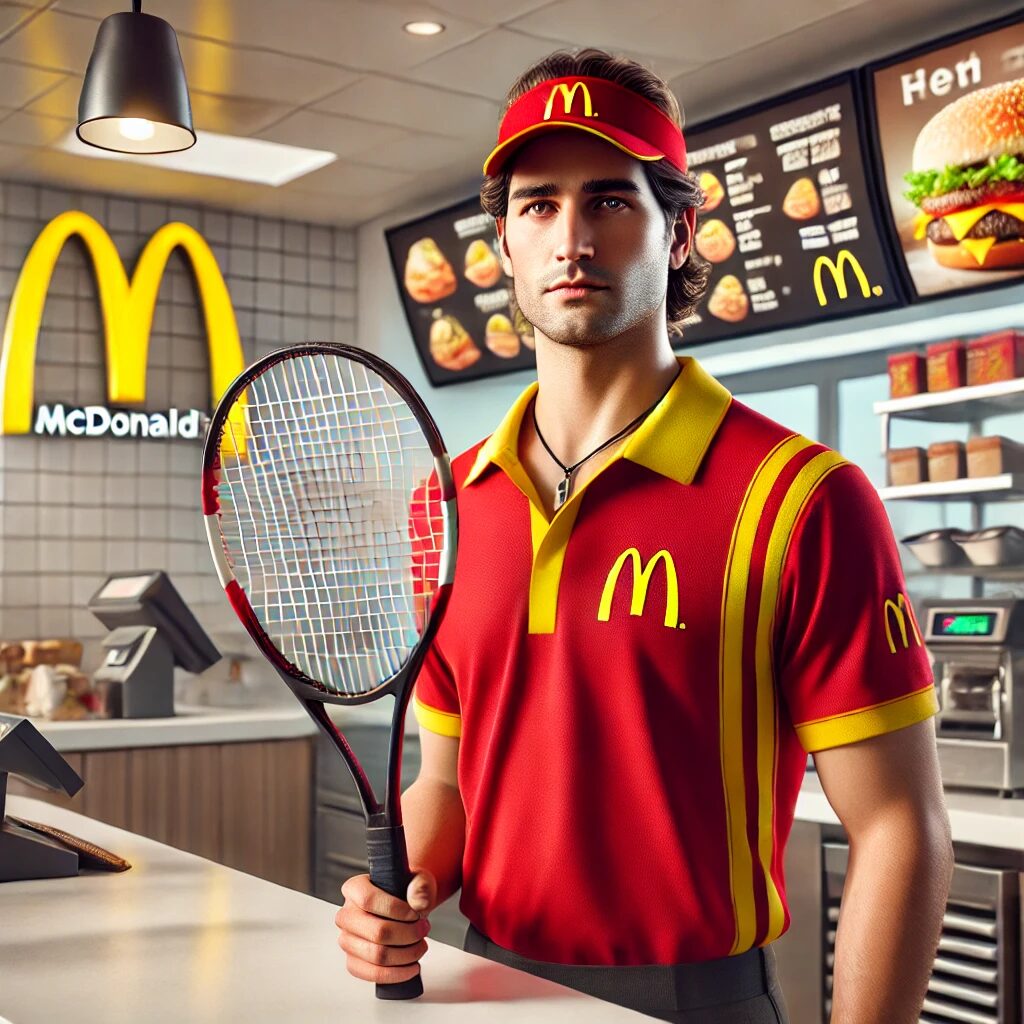 Tennis player working in a fast food restaurant